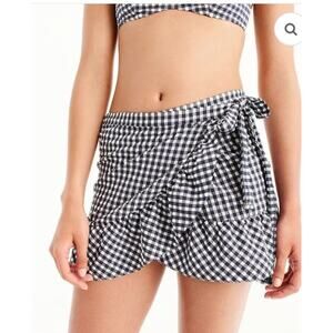 J.Crew Ruffle Cover Up Wrap Around Navy White Classic Gingham Swim Skirt Size L